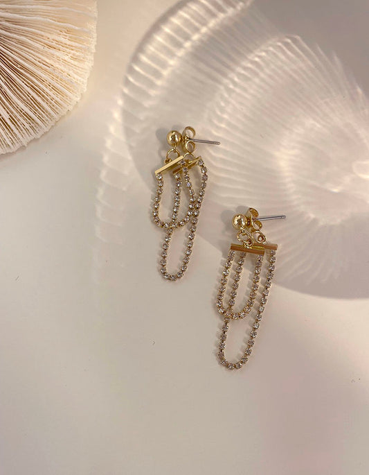 前後鑲鑽細鍊垂墜耳環