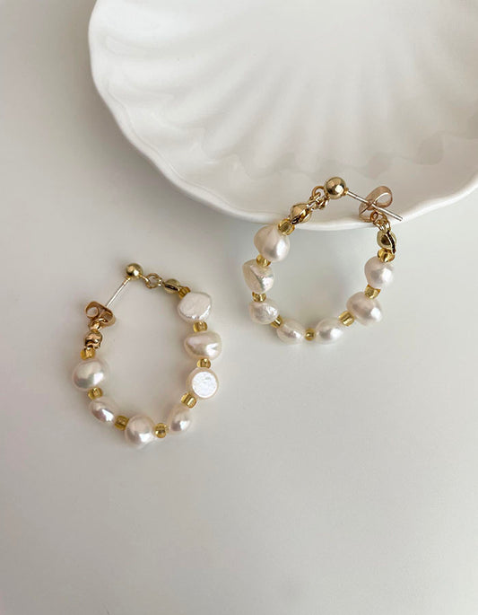 珍珠環形耳環 - 925純銀針