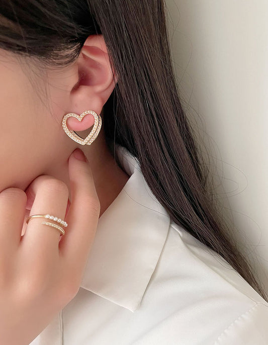 甜美雙層珍珠愛心耳環 - 925純銀針