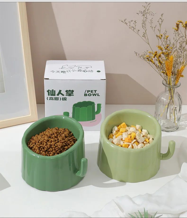 仙人掌高腳寵物碗 大口防翻防滑貓碗 高腳兔碗 寵物食盆 飼料碗