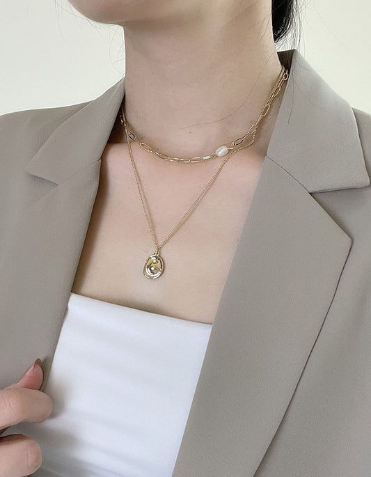 金屬片珍珠雙層項鍊