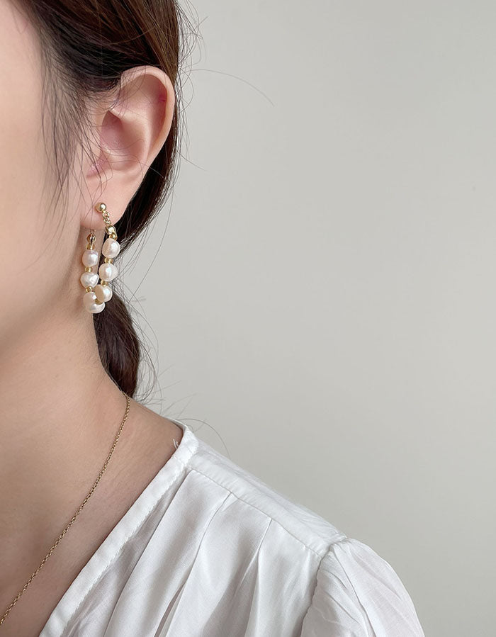 珍珠環形耳環 - 925純銀針