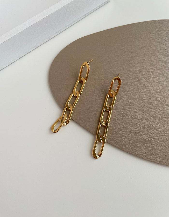 簡約鎖鏈耳環 - 長款 - 925純銀針