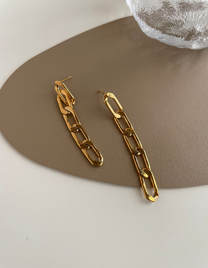 簡約鎖鏈耳環 - 長款 - 925純銀針
