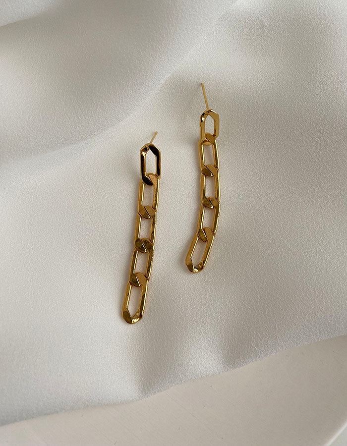 簡約鎖鏈耳環 - 長款 - 925純銀針