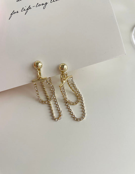 前後鑲鑽細鍊垂墜耳夾