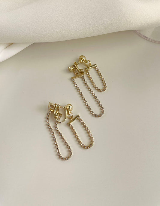 前後鑲鑽細鍊垂墜耳夾