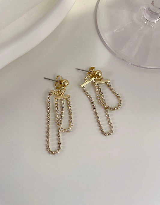 前後鑲鑽細鍊垂墜耳環