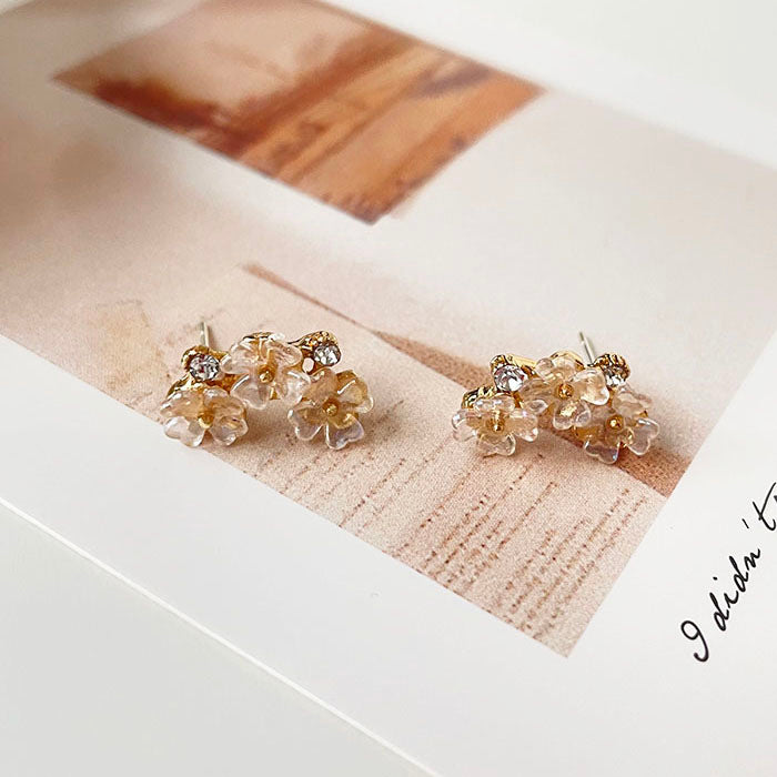鑲鑽花朵耳環 - 925純銀針