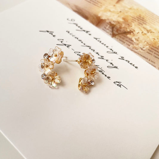 鑲鑽花朵耳環 - 925純銀針