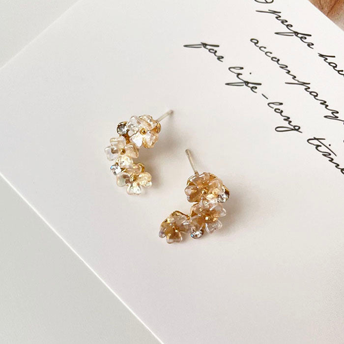 鑲鑽花朵耳環 - 925純銀針