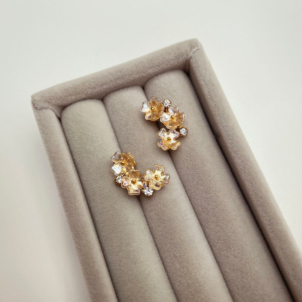 鑲鑽花朵耳環 - 925純銀針