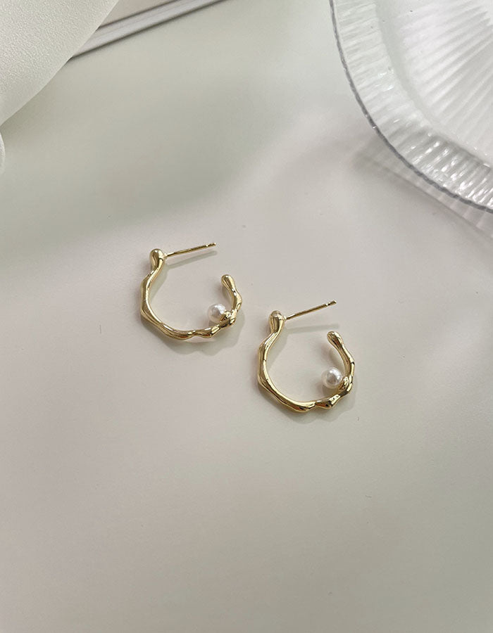 波浪環形珍珠C字耳環