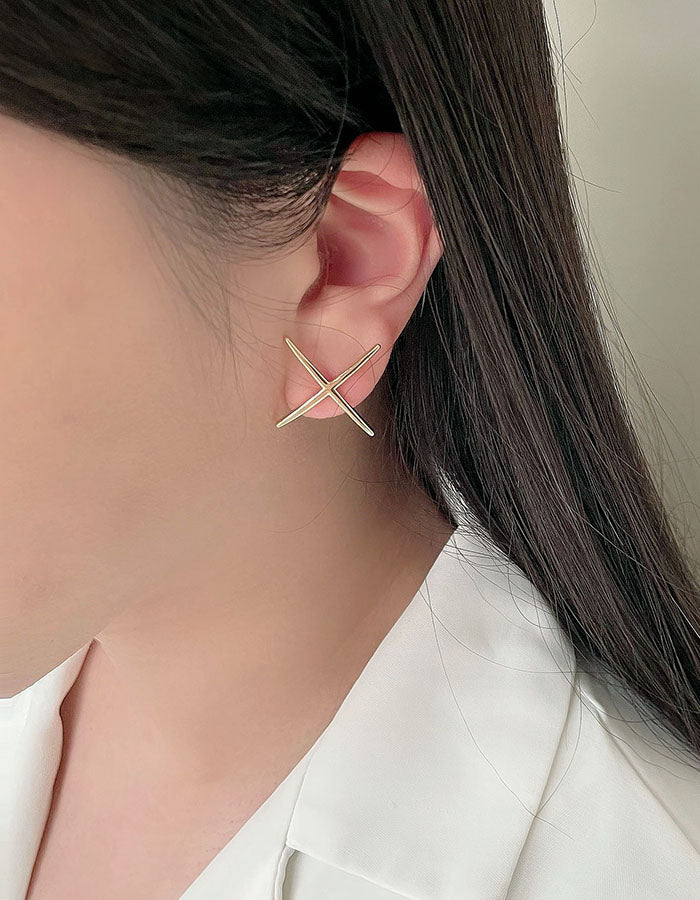 簡約金屬X耳環 - 925純銀針