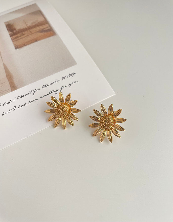 金色向日葵耳環 - 925純銀針