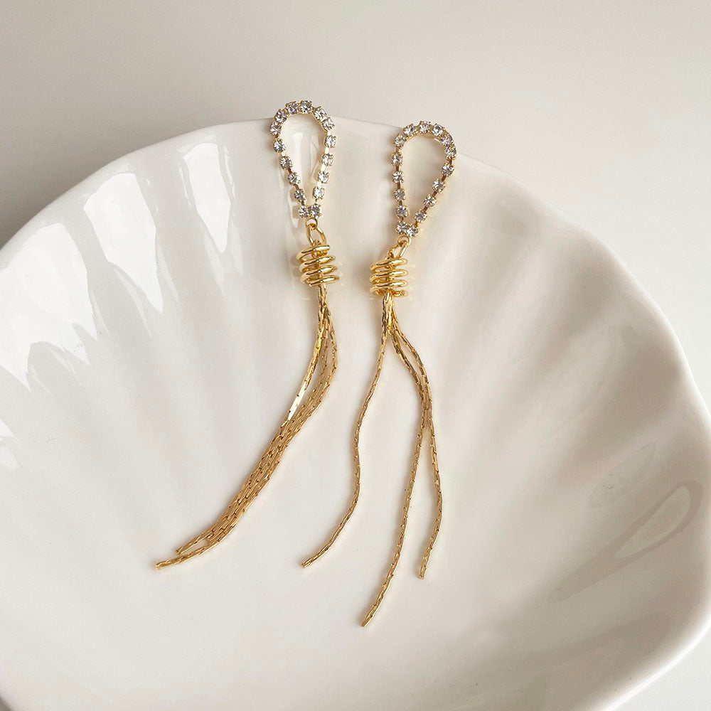 水鑽圓環流蘇垂墜耳環 - 925純銀針