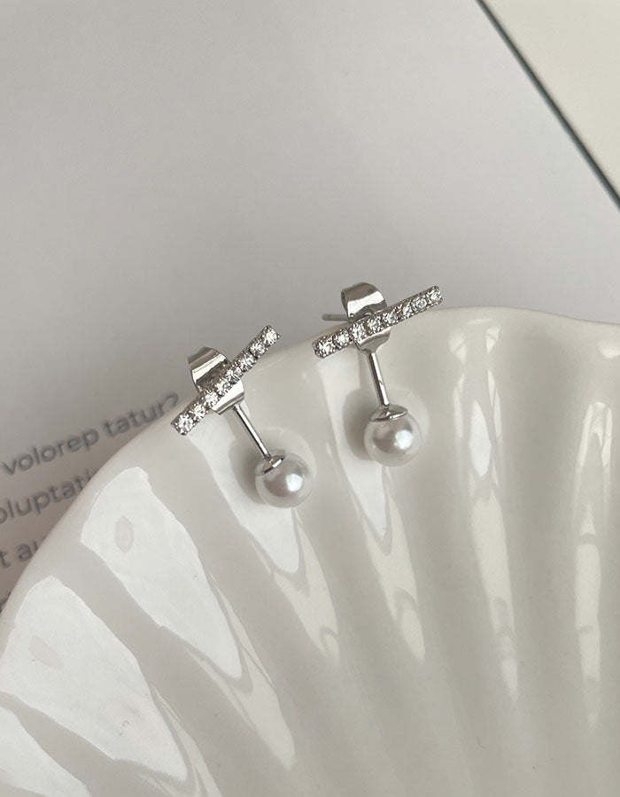 一字細小水鑽珍珠 - 925純銀針