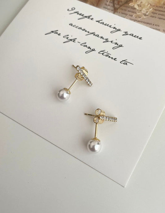 一字細小水鑽珍珠 - 925純銀針