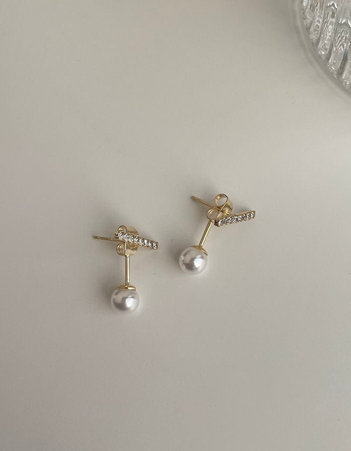 一字細小水鑽珍珠 - 925純銀針