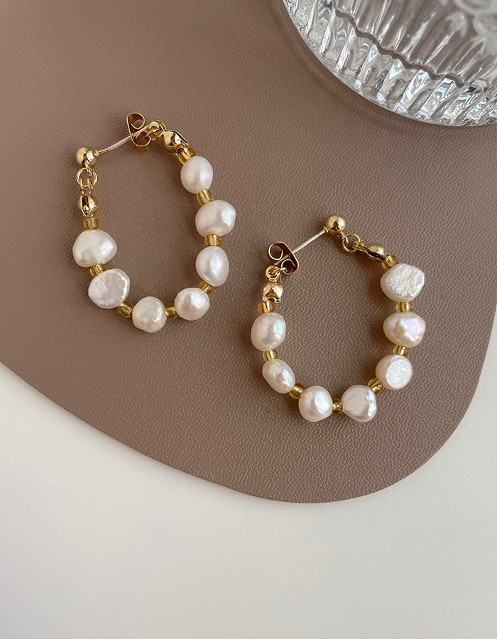 珍珠環形耳環 - 925純銀針