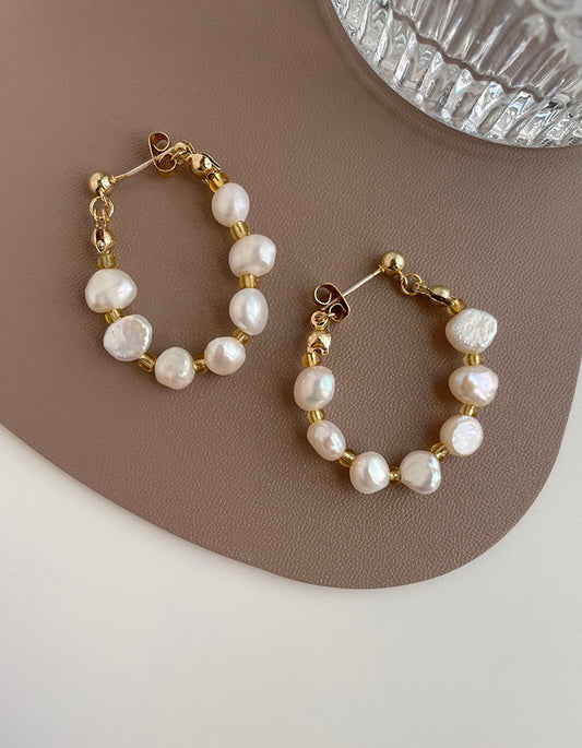 珍珠環形耳環 - 925純銀針