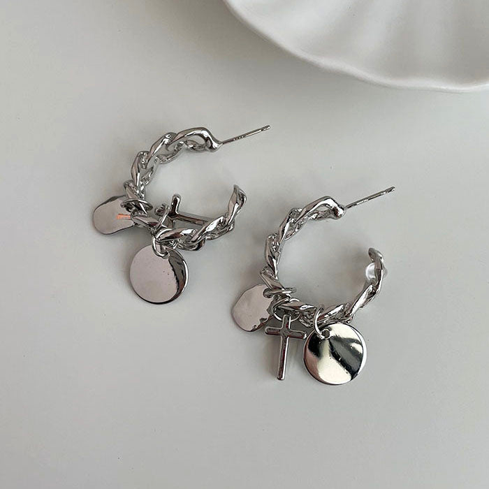 銀色鎖鏈垂墜耳環 - 925純銀針