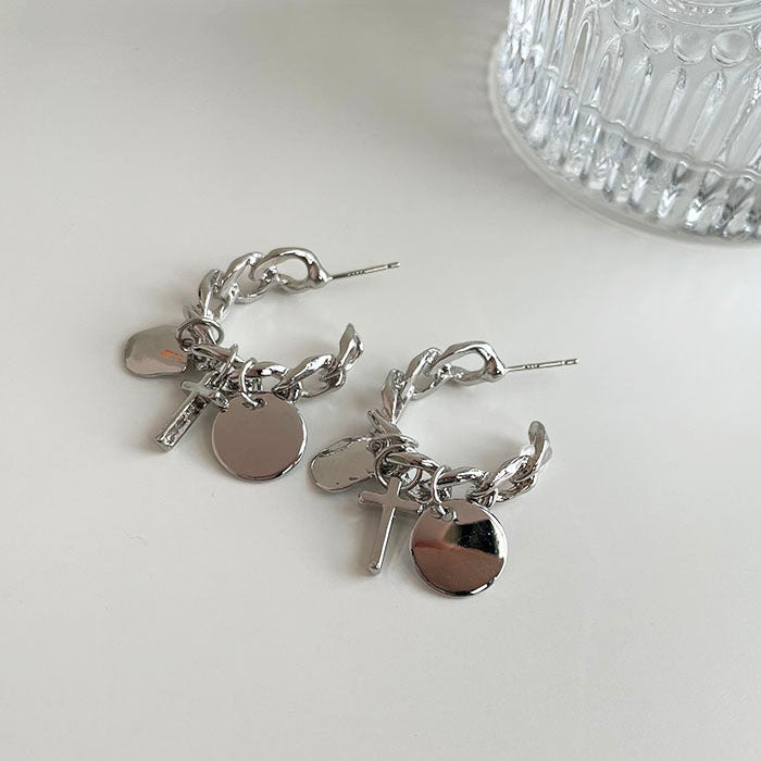 銀色鎖鏈垂墜耳環 - 925純銀針