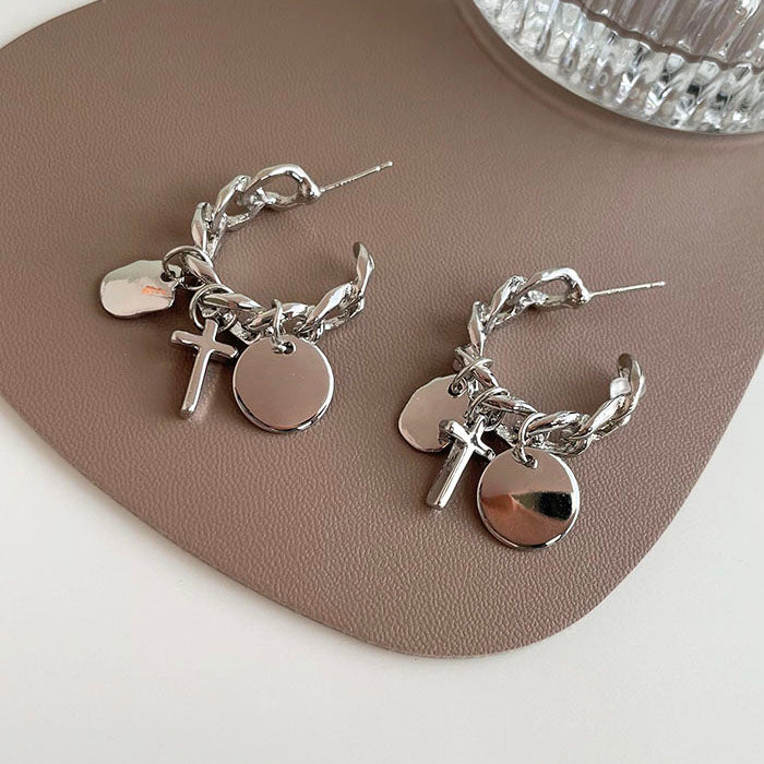 銀色鎖鏈垂墜耳環 - 925純銀針