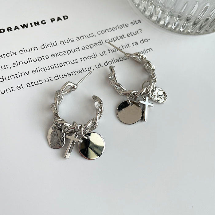 銀色鎖鏈垂墜耳環 - 925純銀針