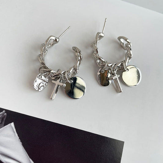 銀色鎖鏈垂墜耳環 - 925純銀針