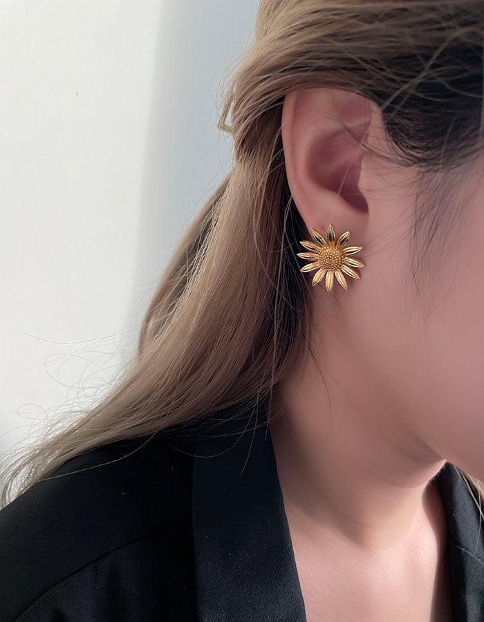 金色向日葵耳環 - 925純銀針