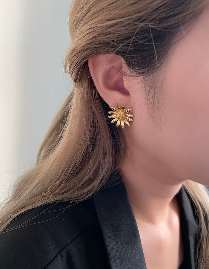 金色向日葵耳環 - 925純銀針