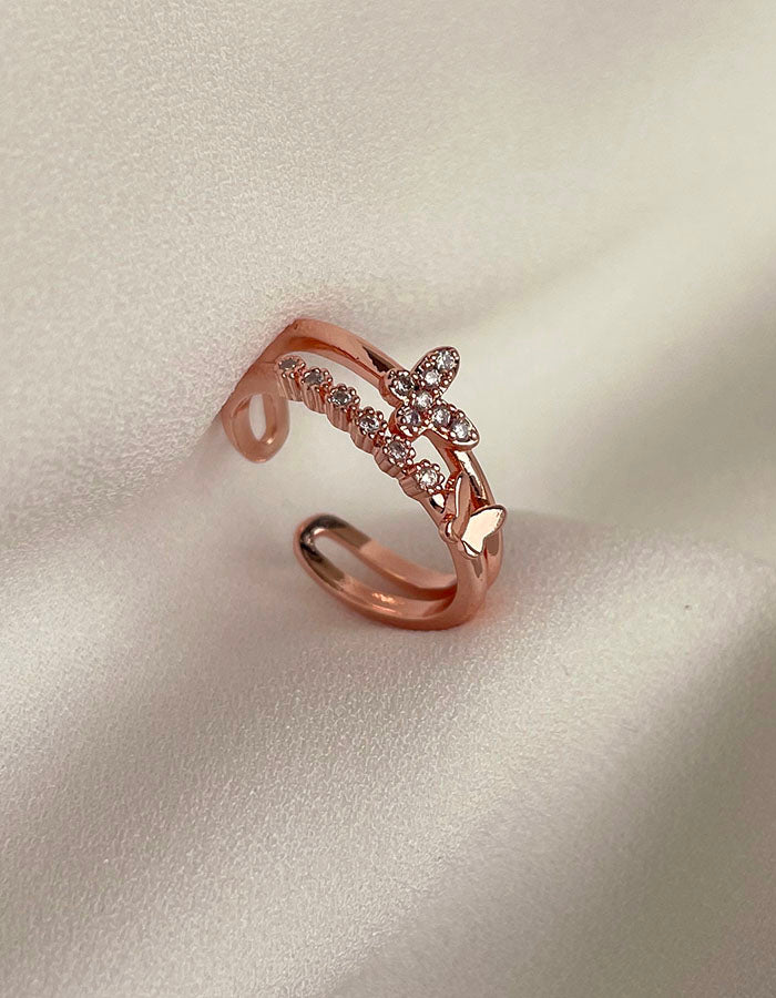 玫瑰金鑲鑽雙層蝴蝶戒指