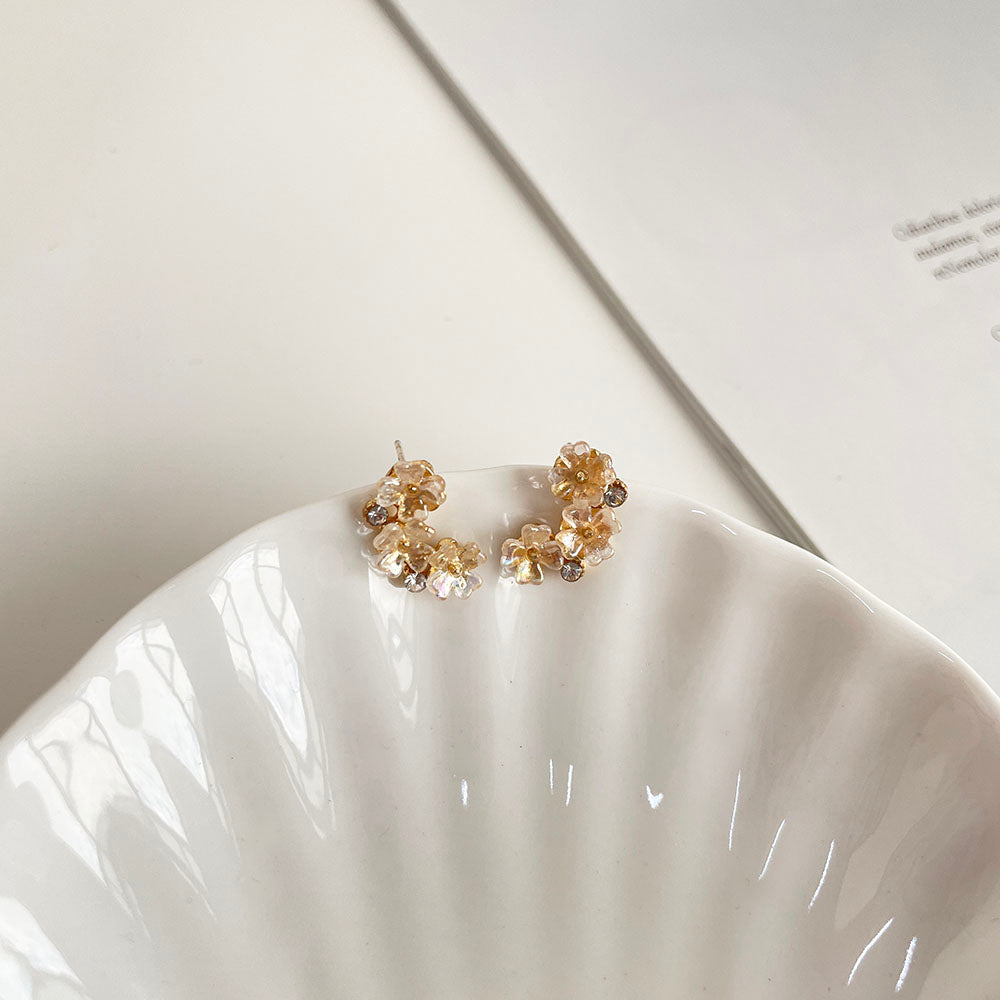 鑲鑽花朵耳環 - 925純銀針