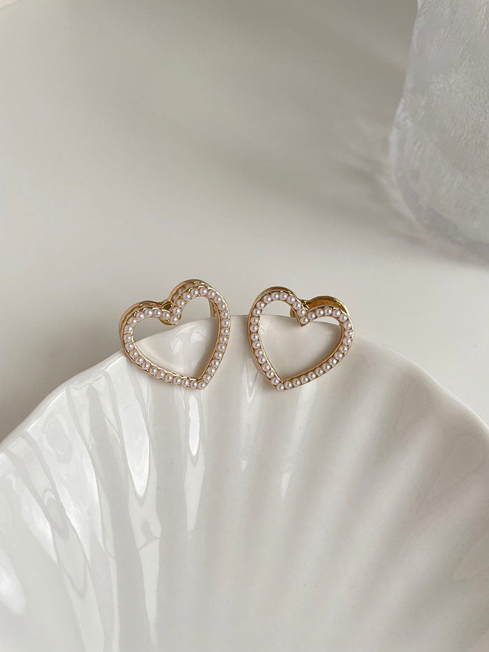 甜美雙層珍珠愛心耳環 - 925純銀針
