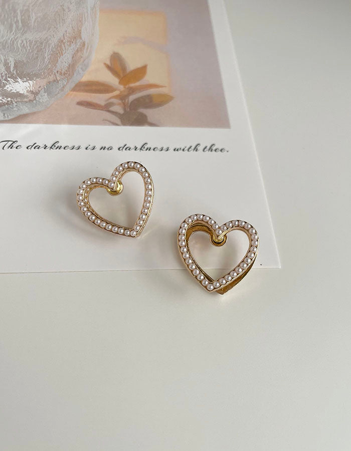 甜美雙層珍珠愛心耳環 - 925純銀針