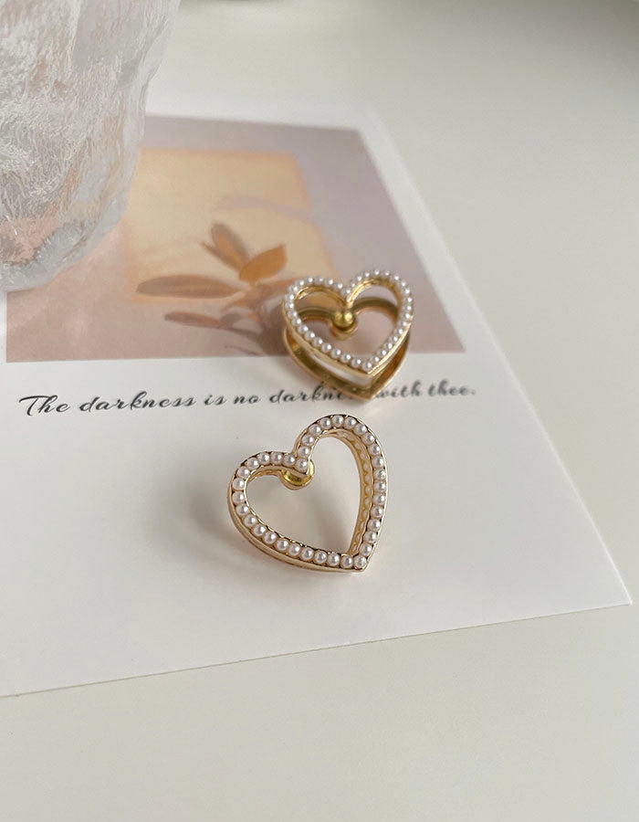 甜美雙層珍珠愛心耳環 - 925純銀針