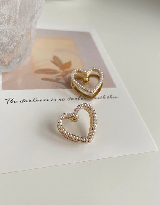 甜美雙層珍珠愛心耳環 - 925純銀針