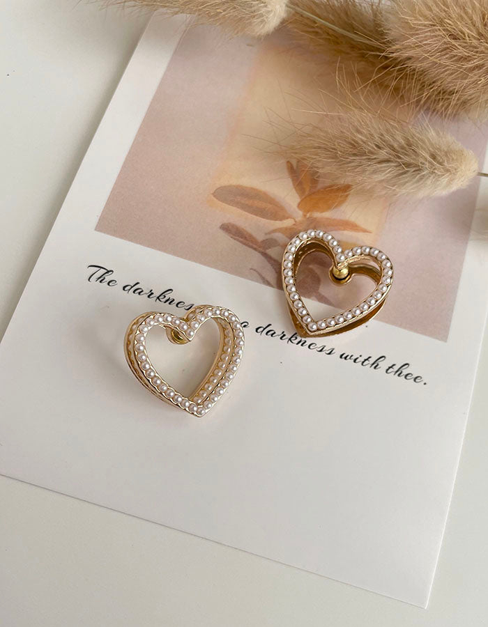 甜美雙層珍珠愛心耳環 - 925純銀針