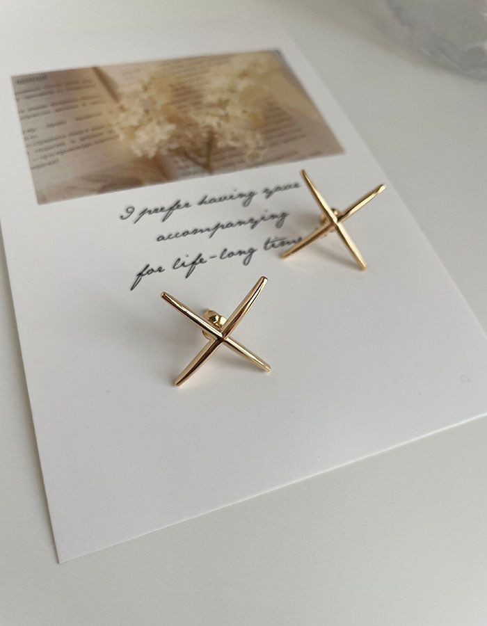 簡約金屬X耳環 - 925純銀針