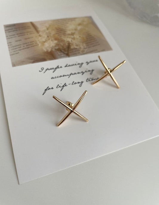 簡約金屬X耳環 - 925純銀針