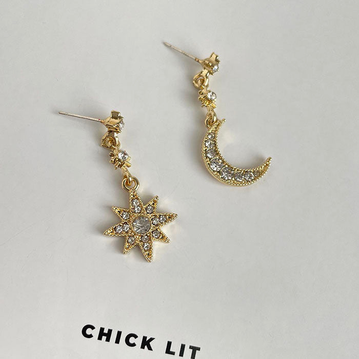 閃耀星星月亮鑲鑽耳環