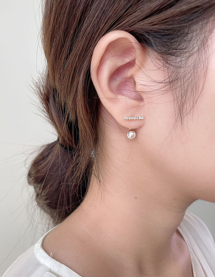 一字細小水鑽珍珠 - 925純銀針