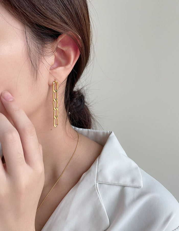 簡約鎖鏈耳環 - 長款 - 925純銀針