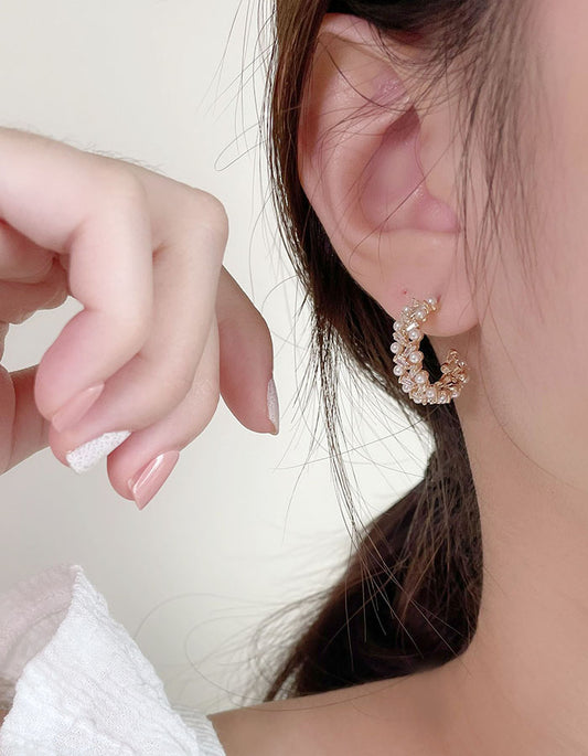 輕奢珍珠交錯環形耳環 - 925純銀針