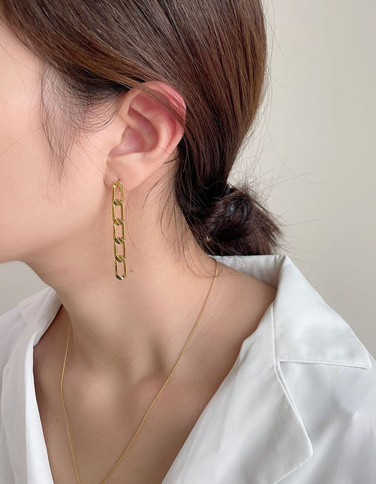 簡約鎖鏈耳環 - 長款 - 925純銀針