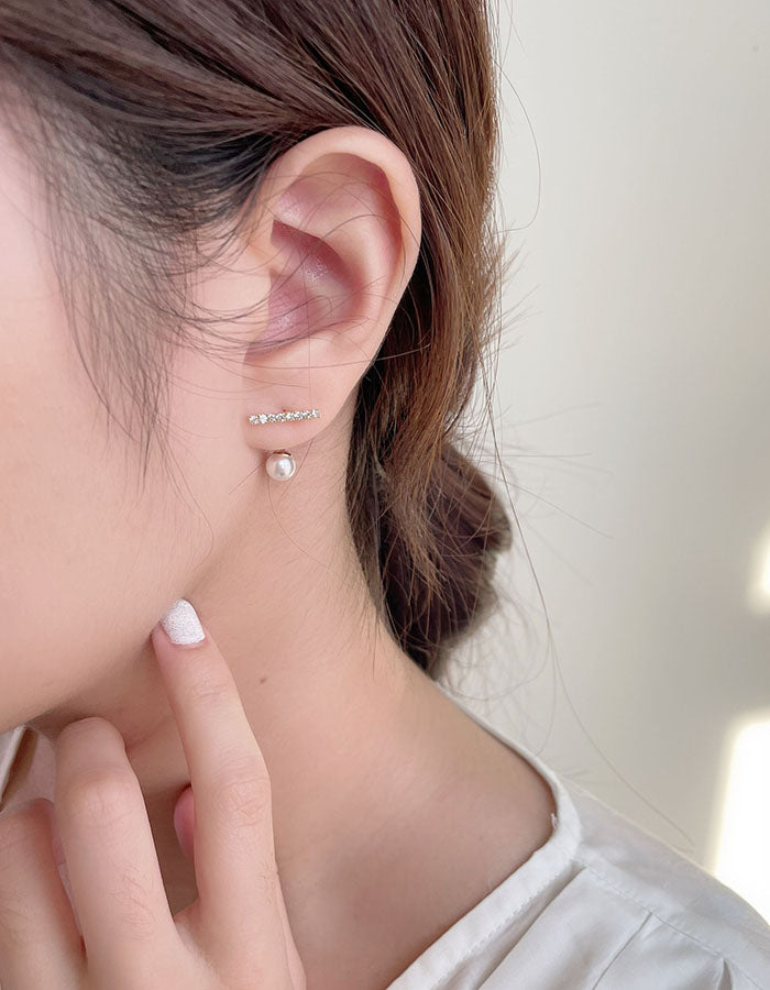 一字細小水鑽珍珠 - 925純銀針