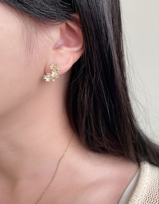 鑲鑽花朵耳環 - 925純銀針