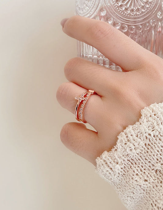 玫瑰金鑲鑽雙層蝴蝶戒指