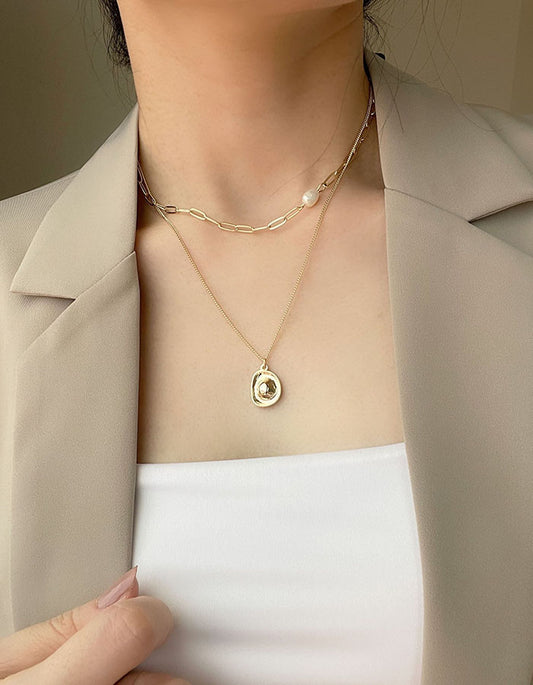 金屬片珍珠雙層項鍊